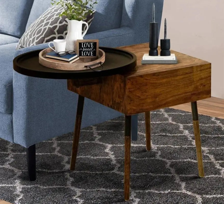 Single Drawer Industrial End Table with Conjoined Round Metal Tray