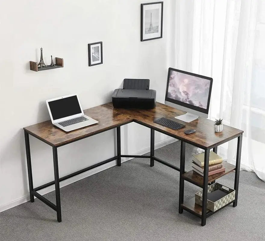 L Shape Wood and Metal Frame Computer Desk with 2 Shelves