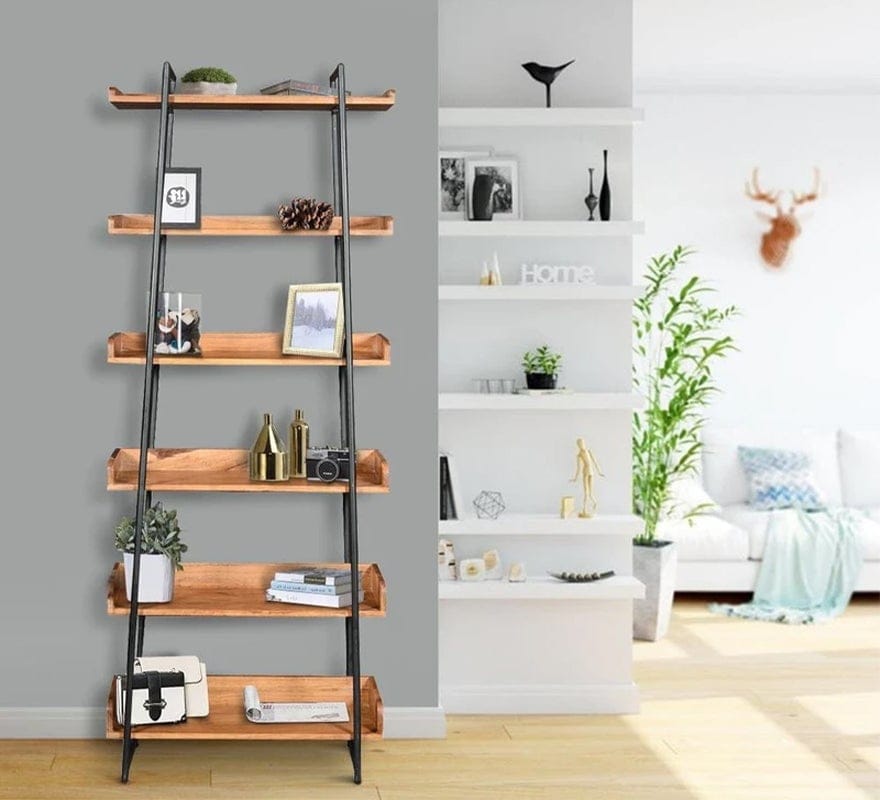 6-Tier Wooden Ladder Storage Bookshelf with Metal Frame