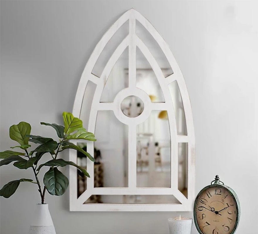 Arched Window Pane Wooden Wall Mirror with Trimmed Details