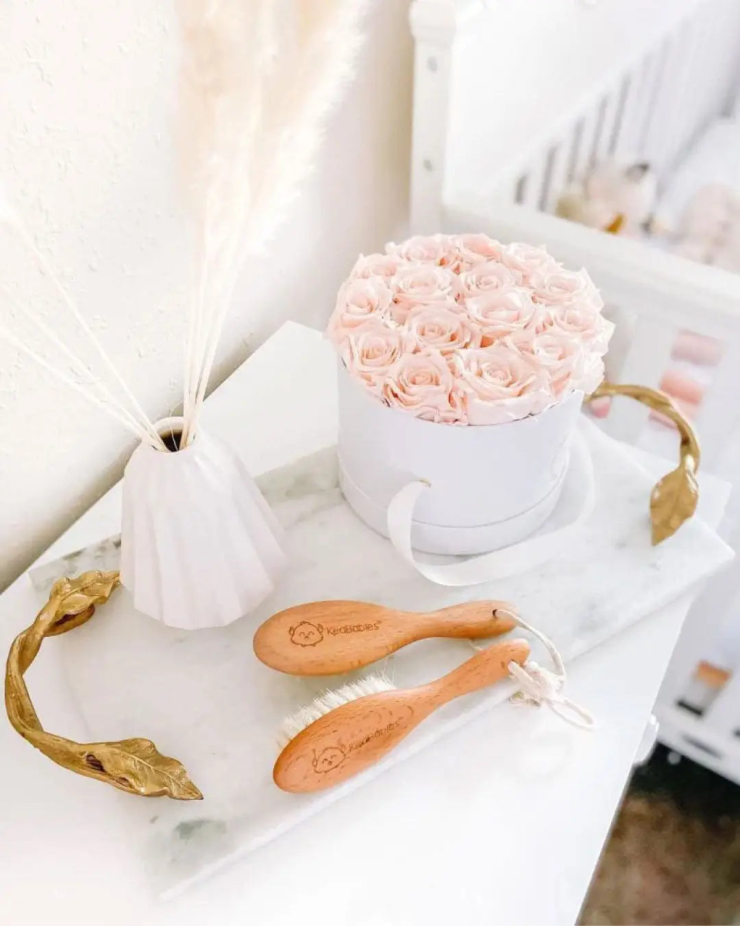 Decor Tray with Marble Frame and Carved Metal Handles