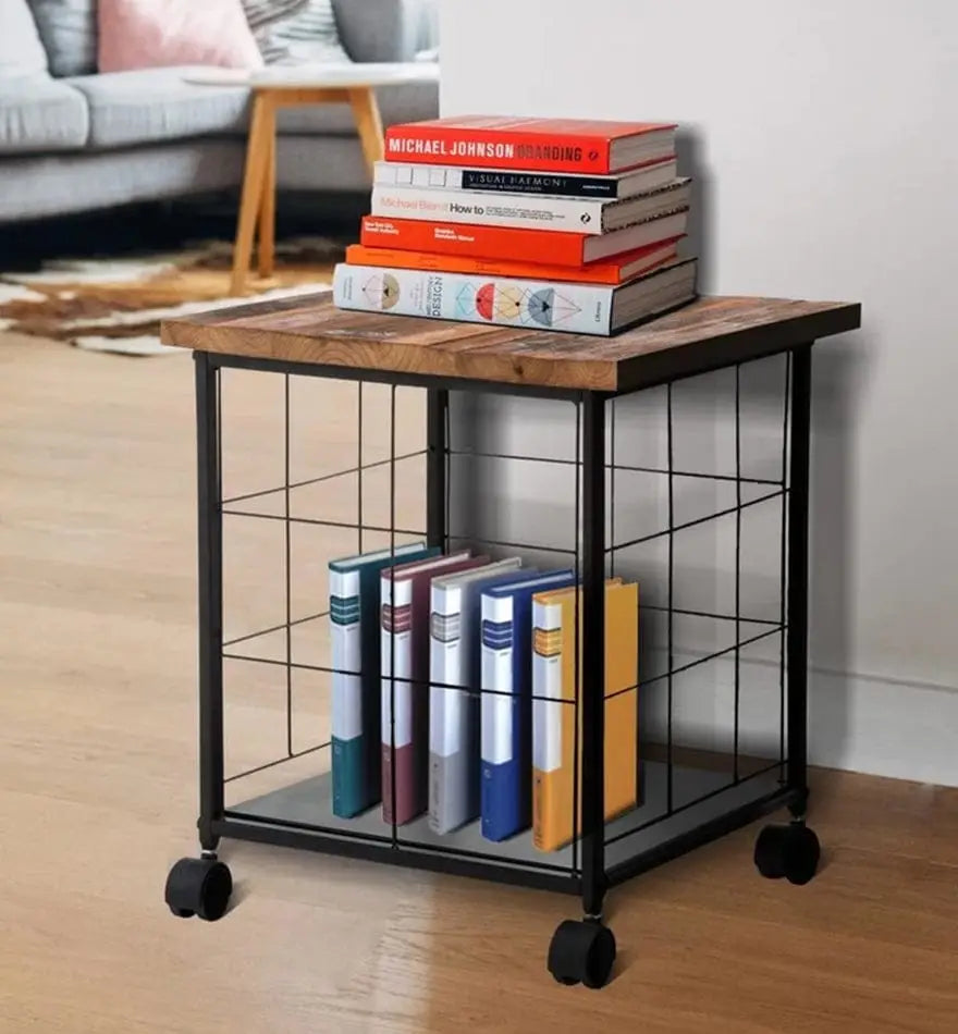 Wood and Metal File Cabinet with Grid Base and Wheels