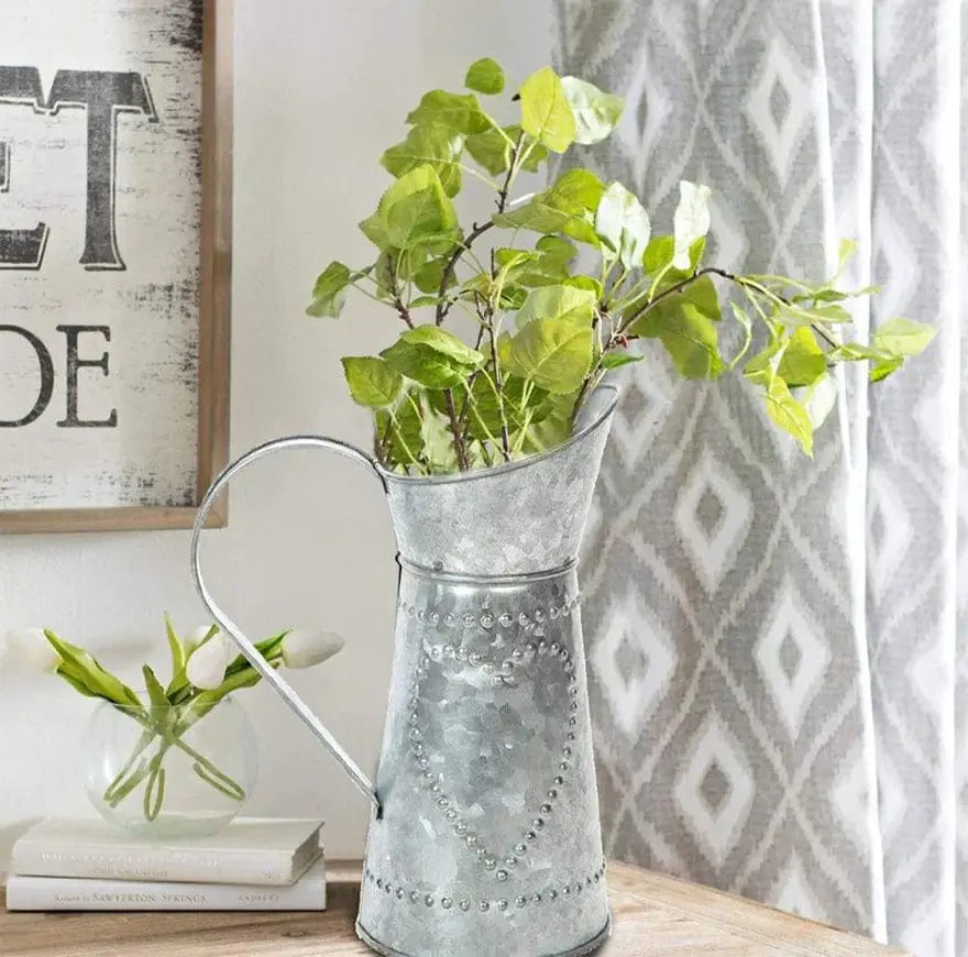 Galvanized Metal Pitcher with Embossed Design