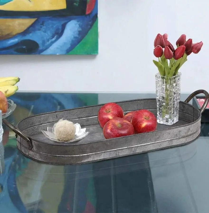 Galvanized Oblong Metal Tray with Ear Handles