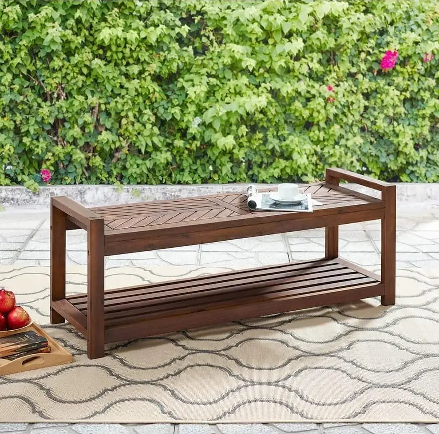 Chevron Acacia Wood Outdoor Patio Storage Bench