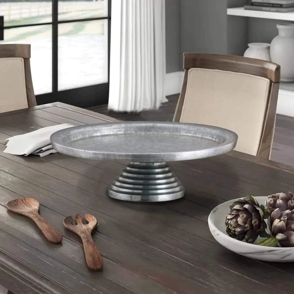 Round Galvanized Metal Cake Stand with Rippled Pedestal Base