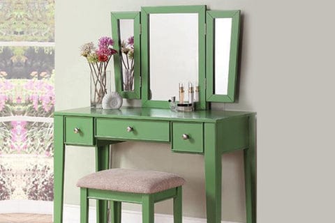 Wooden 3 Panel Mirror Vanity Set with Stool