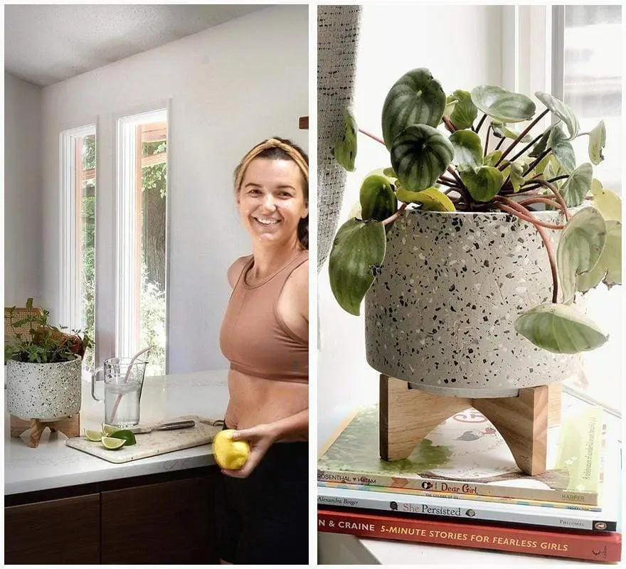 Mosaic Round Cement Planter on Wooden Stand