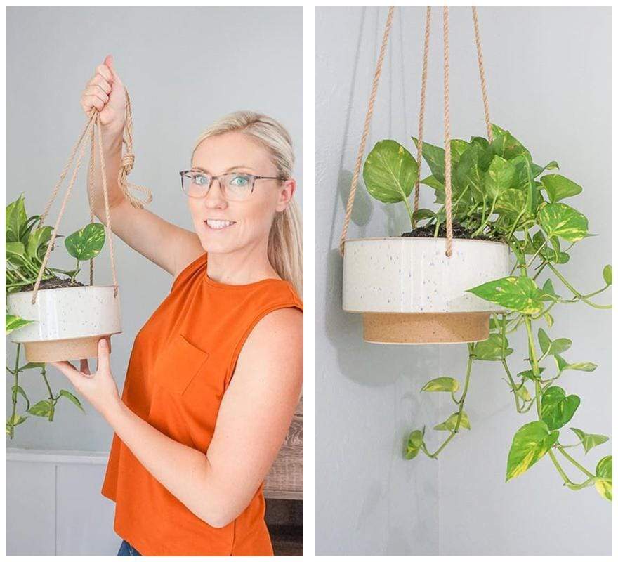 Ceramic Speckled Texture Planter with Attached Hanging Rope