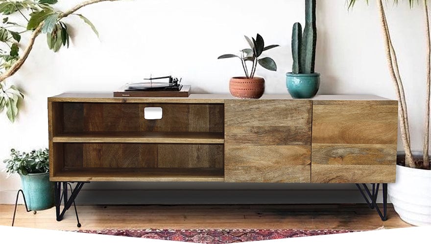 Industrial Style Mango Wood and Metal TV Stand With Storage Cabinet