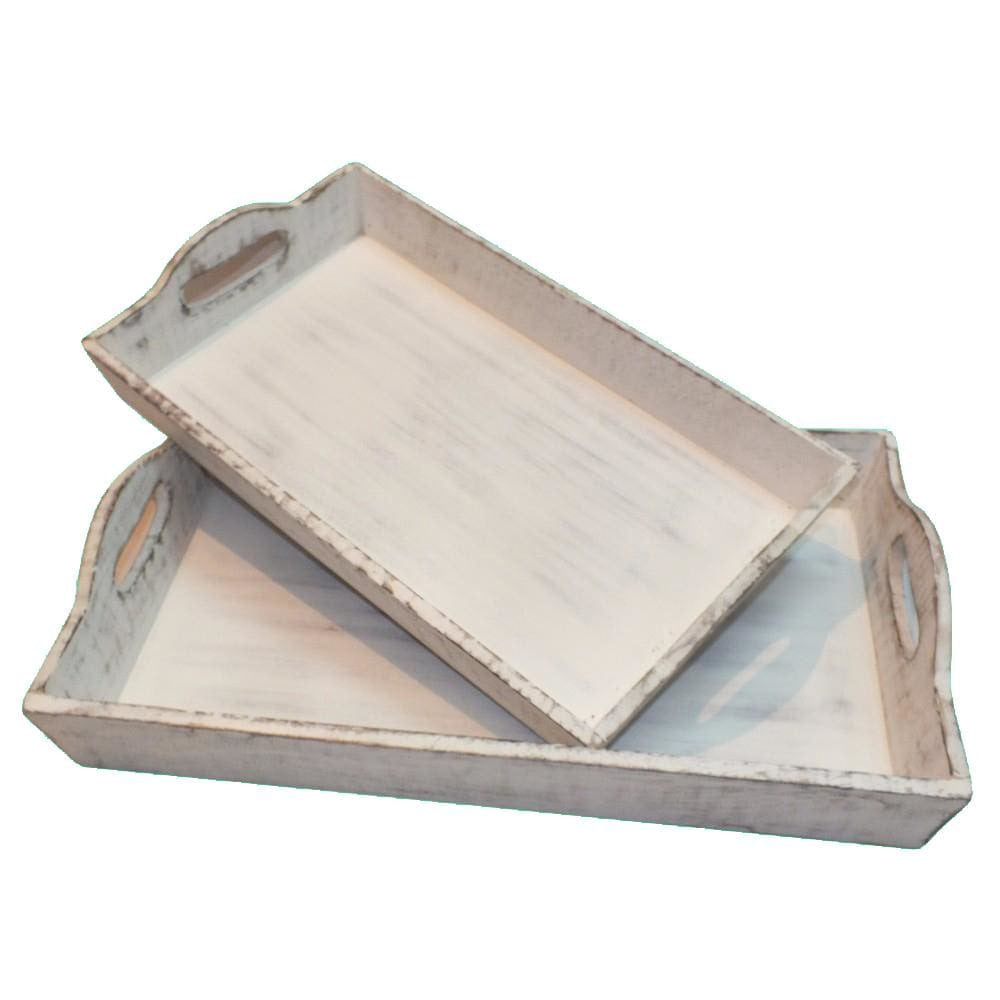 Distressed Wooden Serving Trays With Handles, Set Of 2, White By Benzara Tabletop Benzara 