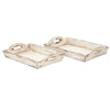 Distressed Wooden Serving Trays With Handles, Set Of 2, White By Benzara Tabletop Benzara 