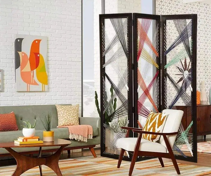 Contemporary 3 Panel Wooden Screen with Woven String Design