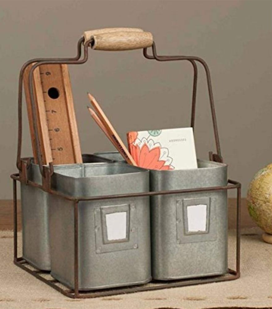 Galvanized Metal Organizer with Movable Wooden Handle