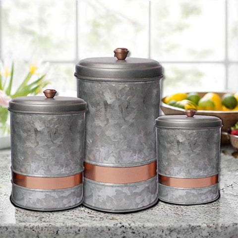 Galvanized Metal Lidded Canister With Copper Band