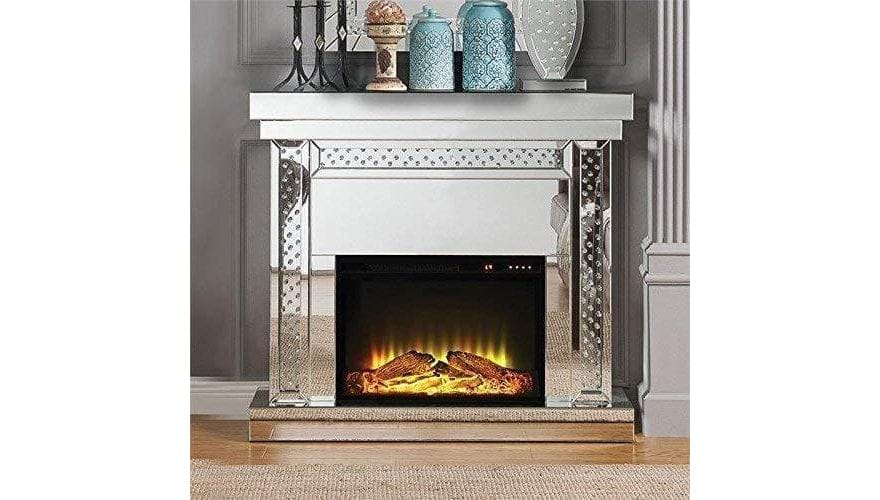 Wood and Mirror Electric Fireplace with Embedded Faux Crystals