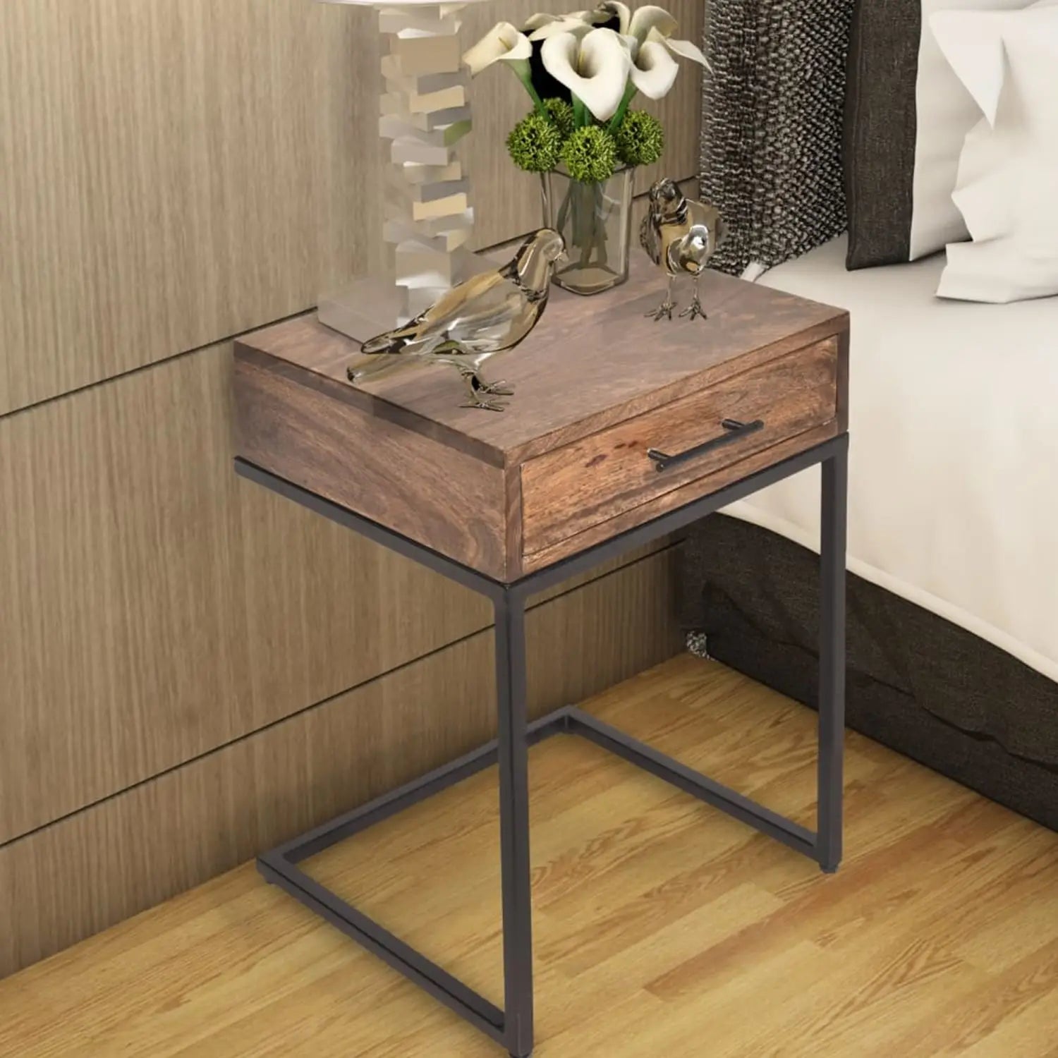 Mango Wood Side Table with Drawer and Cantilever Iron Base