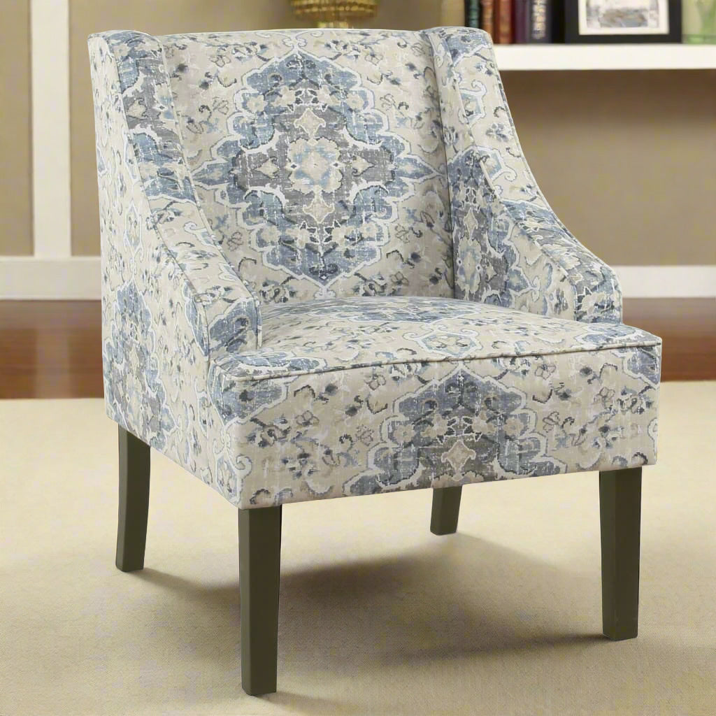 Fabric Upholstered Wooden Accent Chair with Swooping Armrests, Blue, Cream and Brown - K6499-A861 By Casagear Home