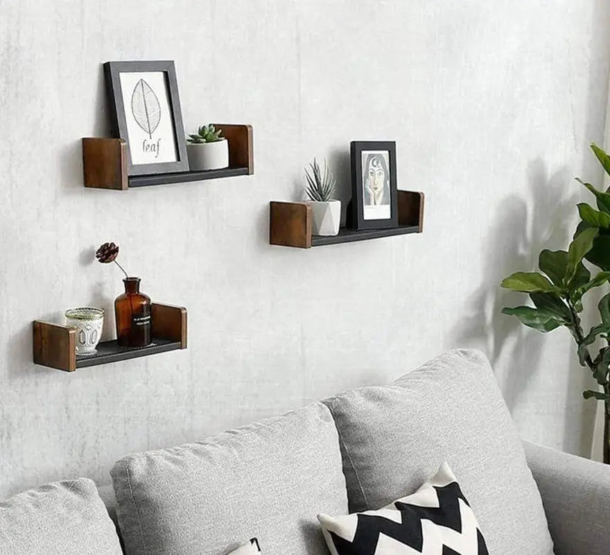 Wooden Floating Shelf with Metal Mesh Design