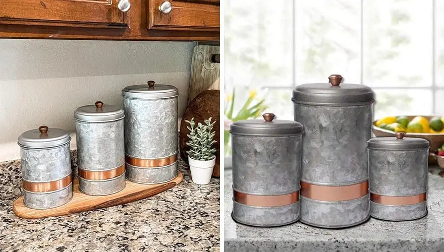 Galvanized Metal Lidded Canister With Copper Band