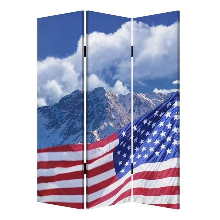 American Flag Printed Wood and Canvas 3 Panel Screen