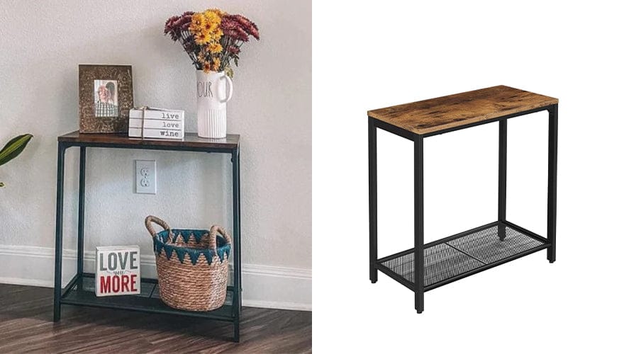 Wood Top Side Table with Mesh Shelf