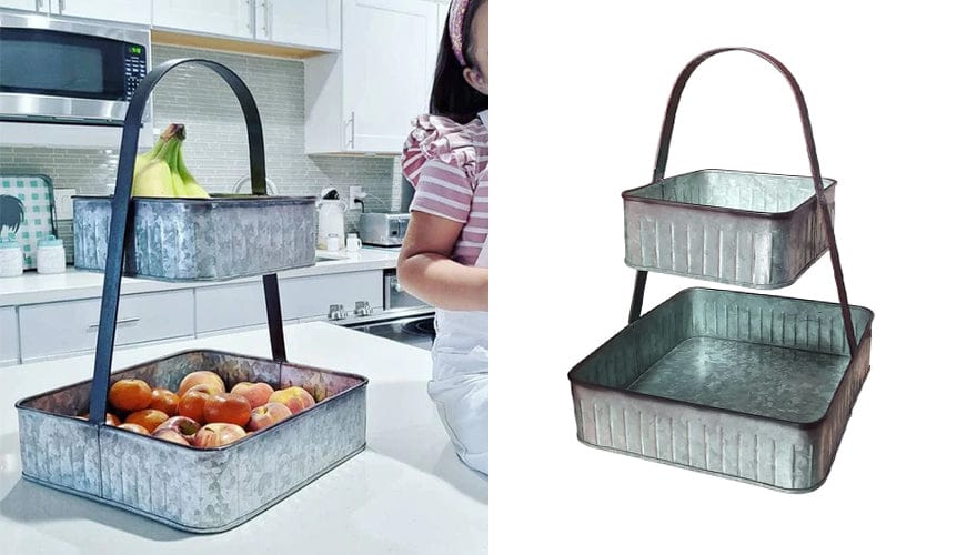 2 Tier Square Galvanized Metal Corrugated Tray with Arched Handle