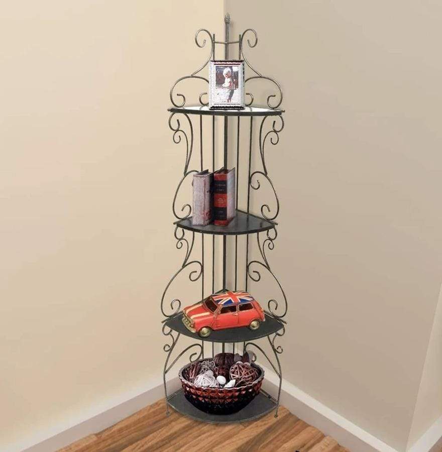 Scrollwork Design Metal Corner Bookcase with 4 Shelves