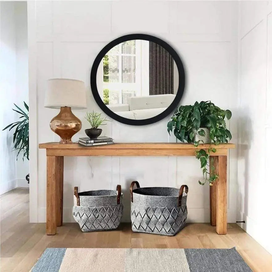 Round Wooden Floating Beveled Wall Mirror