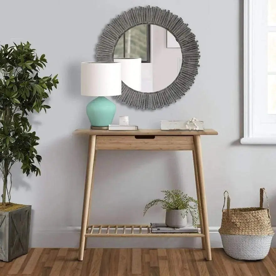 Round Beveled Floating Wall Mirror with Sunflower Wooden Frame