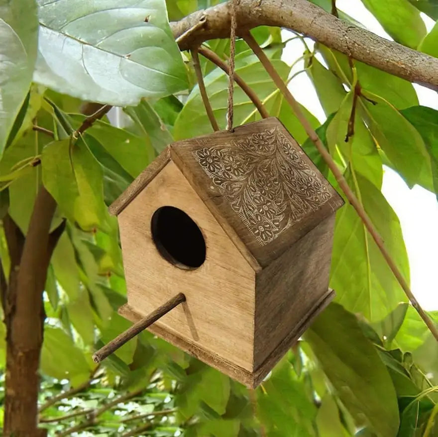 Hut Shape Mango Wood Engraved Hanging Bird House