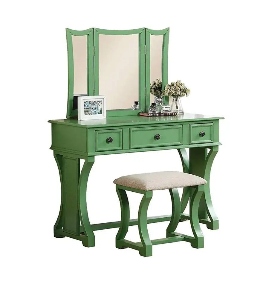 Modish Vanity Set Featuring Stool And Mirror