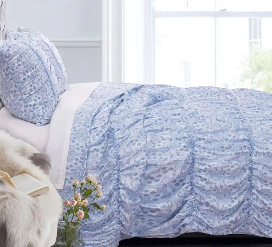 Fabric King Size Quilt Set with Pleated and Ruffled Details