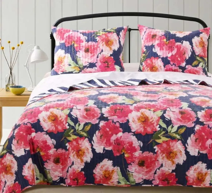 3 Piece Microfiber King Size Quilt Set with Floral Prints