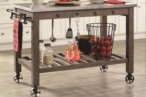 Rustically Charmed Wooden Kitchen Island With Metal Casters