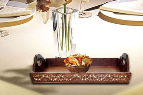 Handmade Serving Tray In Mango Wood Decorated With Brass Inlay