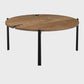 31 Inch Coffee Table, Handcrafted Live Edge Mango Wood Round Top with Cracks and Stitches, Black Iron Legs  By The Urban Port