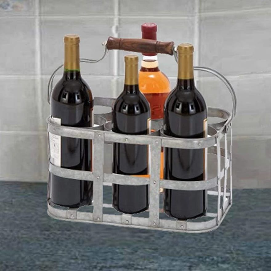 Metal Strip Wine Holder With Wooden Handle And Six Bottles Storage