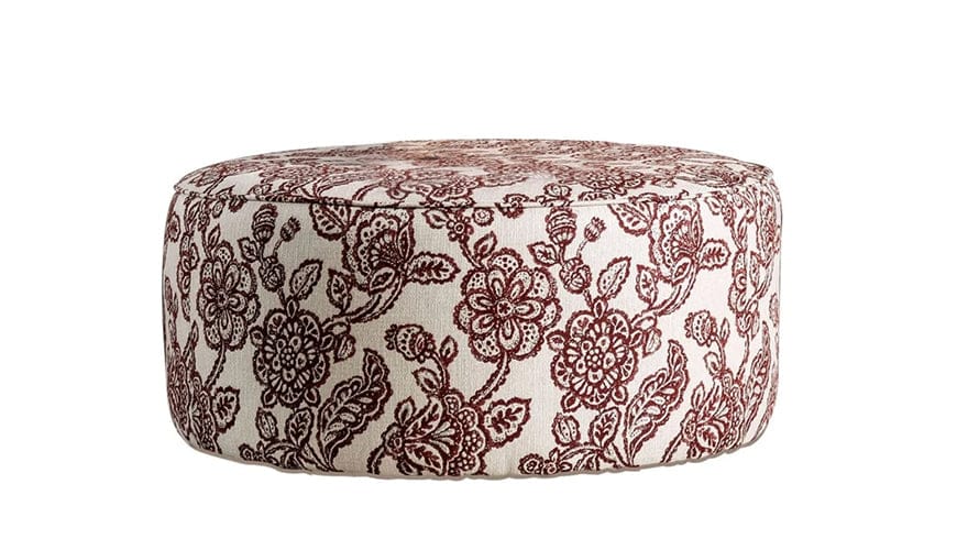 Fabric Upholstered Round Ottoman with Floral Pattern