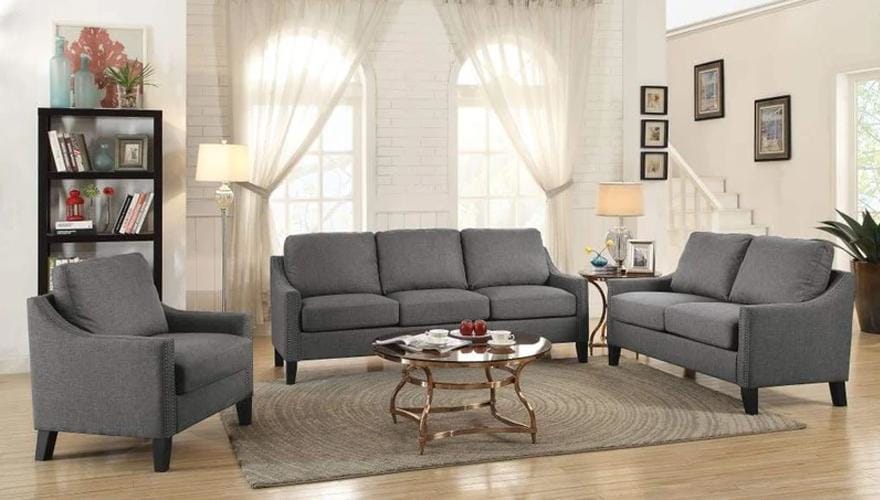 Linen Fabric Upholstered Wooden Three Seater Sofa