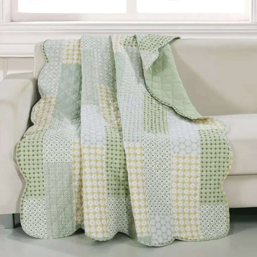 Fabric Throw Blanket with Geometric Motifs and Scalloped Border