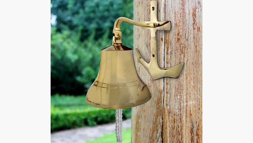 Brass Ship Bell Wall Decor with Anchor Bracket Design