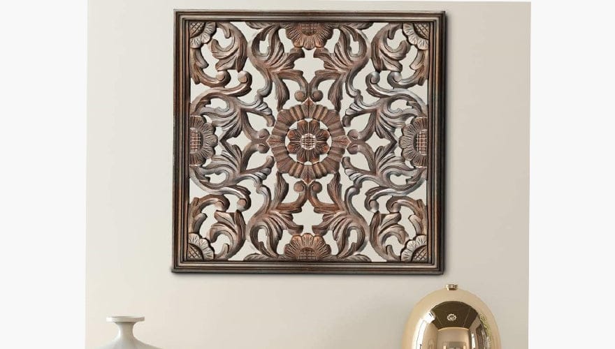 Square Shape Wooden Wall Panel with Filigree Carvings