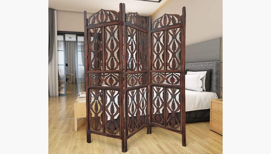 Decorative 3 Panel Mango Wood Screen with Abstract Carvings