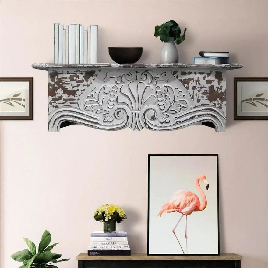 Wooden Floating Wall Shelf with Engraved Floral Details