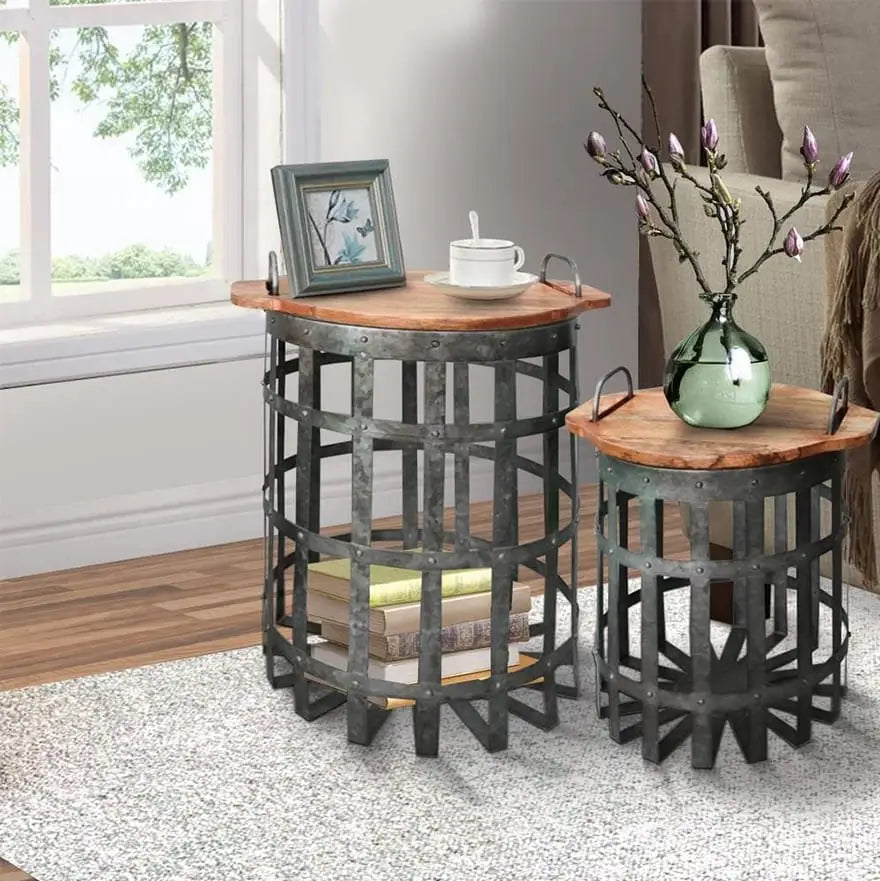 Industrial Grid Base End Table with Wooden Lid