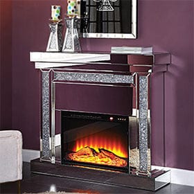 Wood and Mirror Electric Fireplace with Faux Crystals Inlay