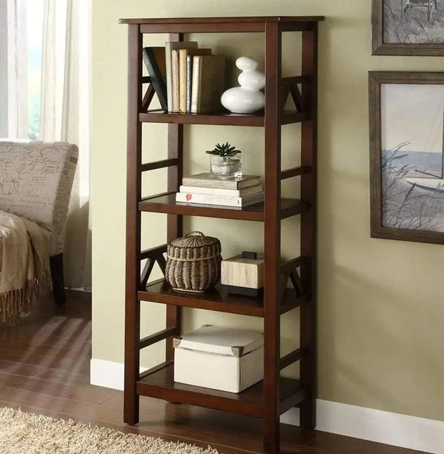 Wooden Bookcase with Four Spacious Open Storage Shelves