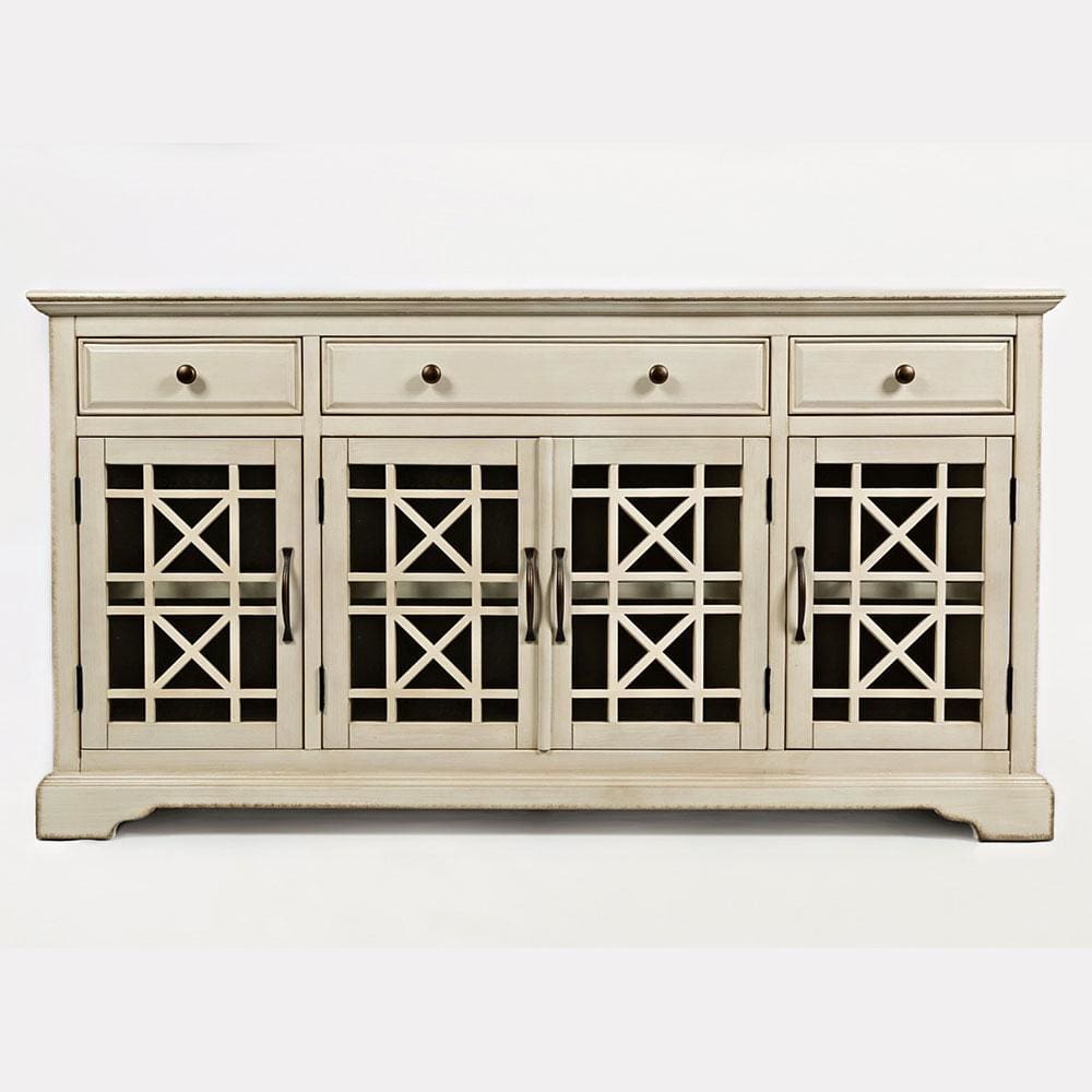 Craftsman Series 60" Wooden Media Unit With Fretwork Glass Door Cabinet, Antique Cream