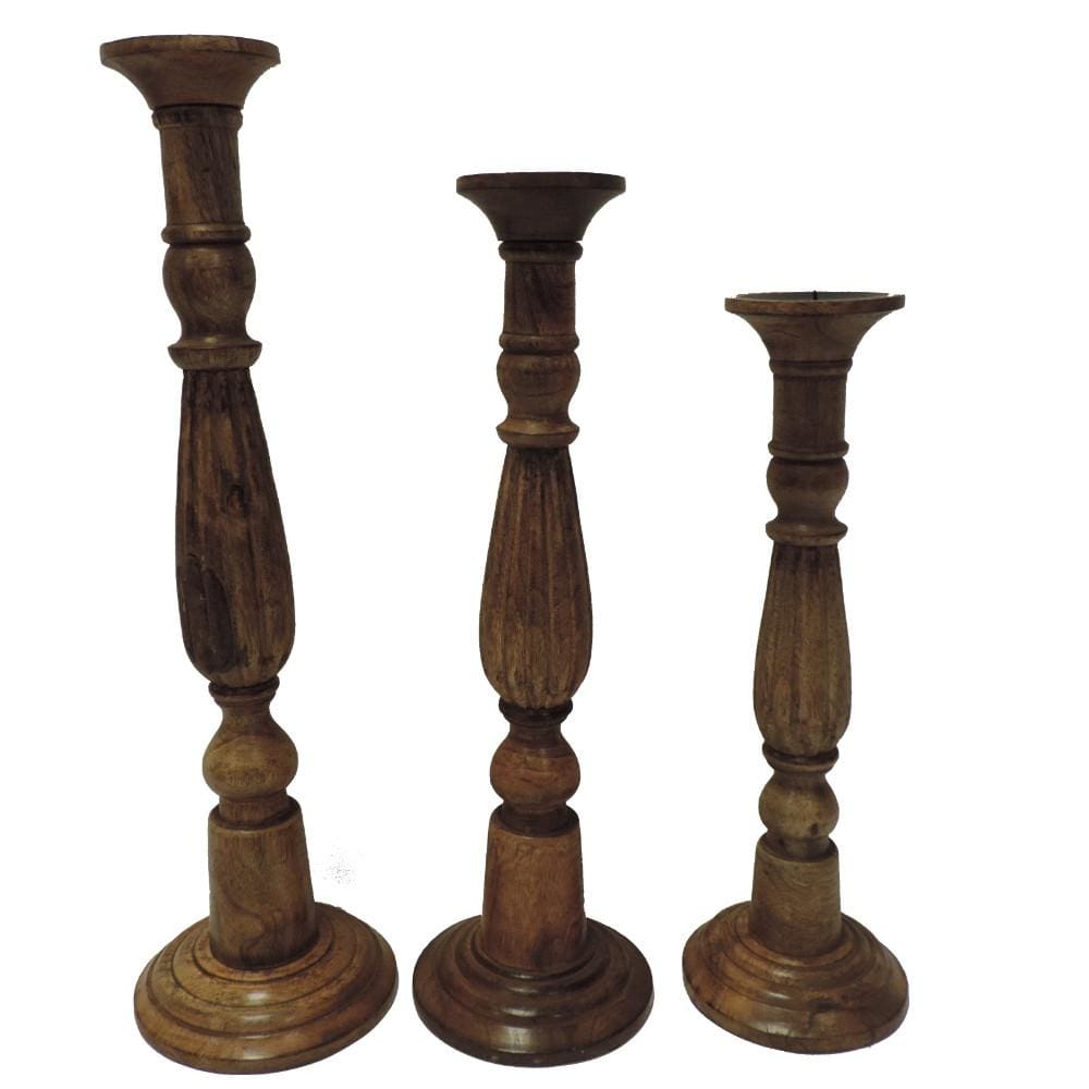 Wooden Natural Finish Pillar Shaped Candleholder Set of 3 Brown 14194